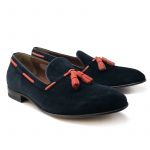 Dark blue suede loafers with red tassels and leather sole, hand made in Italy, elegant men's by Fragiacomo