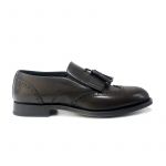 Dark brown leather brogue tassel loafers by Fragiacomo