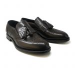 Dark brown leather brogue tassel loafers by Fragiacomo