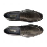Dark brown calfskin penny loafers with Fragiacomo logo, hand made in Italy, elegant men's by Fragiacomo