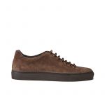 Dark brown suede low-top sneakers hand made in Italy, mens' model by Fragiacomo