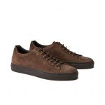 Dark brown suede low-top sneakers hand made in Italy, mens' model by Fragiacomo, side view