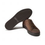 Dark brown suede low-top sneakers hand made in Italy, mens' model by Fragiacomo, bottom view
