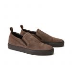 Dark brown suede slip-ons hand made in Italy, mens' model by Fragiacomo, side view