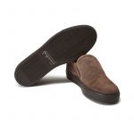 Dark brown suede slip-ons hand made in Italy, mens' model by Fragiacomo, bottom view