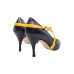 Dark violet leather high heel pumps with yellow straps hand made in Italy, women's model by Fragiacomo