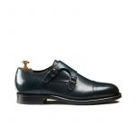 Handmade blue leather monk-strap shoes with Goodyear construction, men's model by Fragiacomo