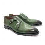 Green calfskin monk-strap shoes, hand made in Italy, elegant men's by Fragiacomo