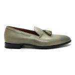 Grey leather tassel loafers with leather sole, hand made in Italy, elegant men's by Fragiacomo