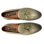 Grey leather tassel loafers with leather sole, hand made in Italy, elegant men's by Fragiacomo