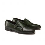 Hand brushed dark green leather monk-strap shoes, men's model by Fragiacomo, side view