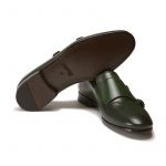Hand brushed dark green leather monk-strap shoes, men's model by Fragiacomo, bottom view