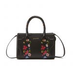 Black leather shoulder bag model Mini Icon with floral embroidery women's by Fragiacomo