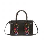 Black leather shoulder bag model Mini Icon with floral embroidery women's by Fragiacomo, back view