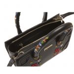 Black leather shoulder bag model Mini Icon with floral embroidery women's by Fragiacomo, over view