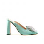 Mint satin mules with feathers on the front part and chunky 100 mm heel
