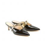 Mules in black patent leather with flash shape detail in gold leather and 55mm heel