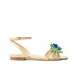 Nude patent leather flat sandals with ankle strap and multicolor bow, SS19 collection by Fragiacomo