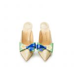 Nude patent leather high heel mules with multicolour bow, SS19 collection by Fragiacomo, over view