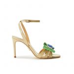Nude patent leather high heel sandals with ankle strap and multicolor bow, SS19 collection by Fragiacomo