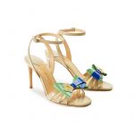 Nude patent leather high heel sandals with ankle strap and multicolor bow, SS19 collection by Fragiacomo, side view