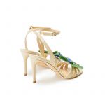 Nude patent leather high heel sandals with ankle strap and multicolor bow, SS19 collection by Fragiacomo, back view