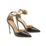 Pumps in black nappa with flash shape ankle strap in gold leather and 100mm stiletto heel