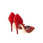 Red suede pumps with iconic laser cut pattern, small silver studs and 100 mm stiletto heel