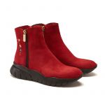 Red suede ankle boots hand made in Italy with zip and embroidery, women's model by Fragiacomo, side view