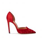 Red velvet pumps with embroidery ton sur ton on the point and satin on the back part, elegant women's, by Fragiacomo