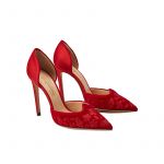 Red velvet pumps with embroidery ton sur ton on the point and satin on the back part, elegant women's, by Fragiacomo, side view