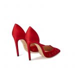 Red velvet pumps with embroidery ton sur ton on the point and satin on the back part, elegant women's, by Fragiacomo, back view