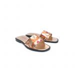 Rose gold laminated leather flat sandals with multicolor floral pattern hand made in Italy, women's model by Fragiacomo