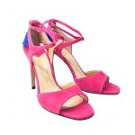 Sandali fucsia e blu in camoscio con lacci e tacco alto 85 mm, collezione SS21 by Fragiacomo
