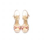 Sandali con tacco alto in pelle laminata oro rosa fatti a mano in Italia con stampa floreale multicolor, modello da donna by Fragiacomo