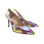 Silver and blue leather Flower Candy pump with 85 mm heel hand made in Italy, women's model by Fragiacomo