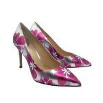 Silver and fuchsia leather Flower Candy pump with 85 mm heel hand made in Italy, women's model by Fragiacomo