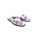 Silver laminated leather flat sandals with fuchsia floral pattern hand made in Italy, women's model by Fragiacomo
