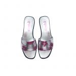 Silver laminated leather flat sandals with fuchsia floral pattern hand made in Italy, women's model by Fragiacomo