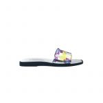 Silver laminated leather flat sandals with multicolor floral pattern hand made in Italy, women's model by Fragiacomo