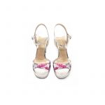 Silver laminated leather high heel sandals with multicolor floral pattern hand made in Italy, women's model by Fragiacomo