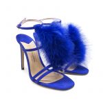 Violet suede sandals with ankle strap, feathers and high heel 105 mm, SS21 collection by Fragiacomo, side view