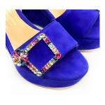 Violet suede platform sandals with multicolor crystal buckle hand made in Italy, women's model by Fragiacomo