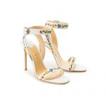 White leather sandals with embroidered straps and high 100mm stiletto heel, SS19 collection by Fragiacomo, side view