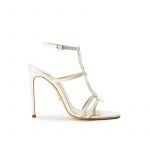 White patent leather sandals with ankle strap, leather discs and high heel 100mm, SS19 collection by Fragiacomo