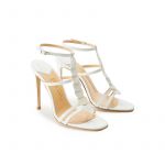 White patent leather sandals with ankle strap, leather discs and high heel 100mm, SS19 collection by Fragiacomo, side view