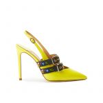Yellow patent leather slingbacks with embroidered straps and 100mm heel, SS19 collection by Fragiacomo