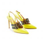 Yellow patent leather slingbacks with embroidered straps and 100mm heel, SS19 collection by Fragiacomo, side view