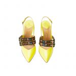Yellow patent leather slingbacks with embroidered straps and 100mm heel, SS19 collection by Fragiacomo, over view