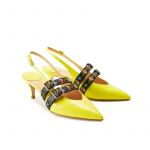Yellow patent leather slingbacks with embroidered straps and kitten heel, SS19 collection by Fragiacomo, side view